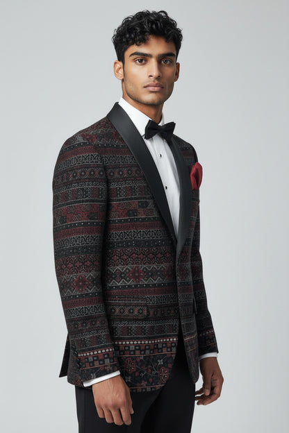 Burgundy & Black Luxury Jacquard Tuxedo Set
