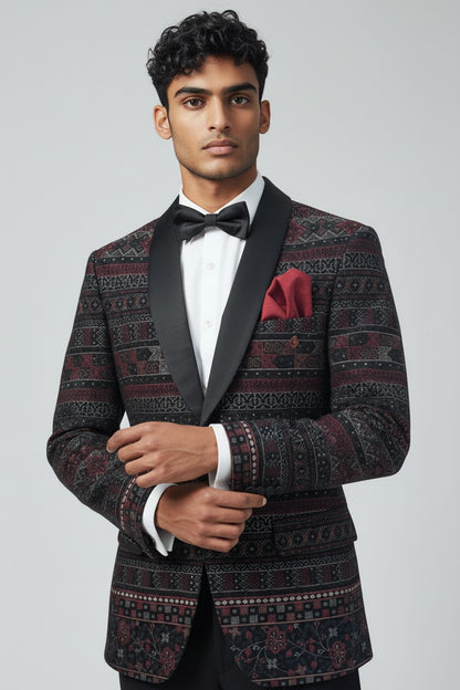 Burgundy & Black Luxury Jacquard Tuxedo Set