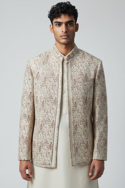Ivory Floral Embroidered Indo-Western Jacket Set for Men