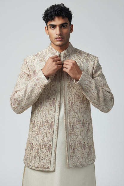 Ivory Floral Embroidered Indo-Western Jacket Set for Men