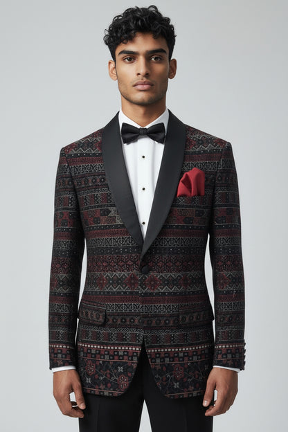 Burgundy & Black Luxury Jacquard Tuxedo Set