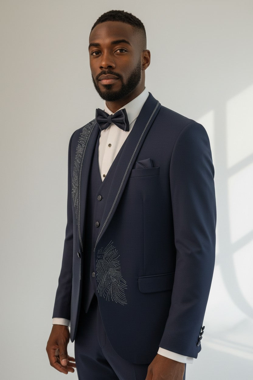 Navy Blue Luxury Peacock Embroidered 3-Piece Tuxedo Set