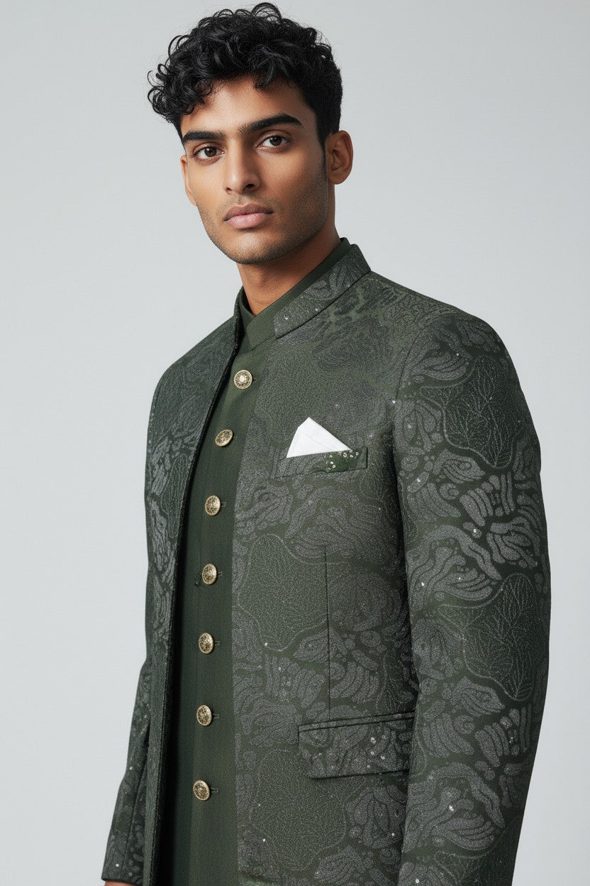 Olive Green Textured Indo-Western Jacket Set for Men