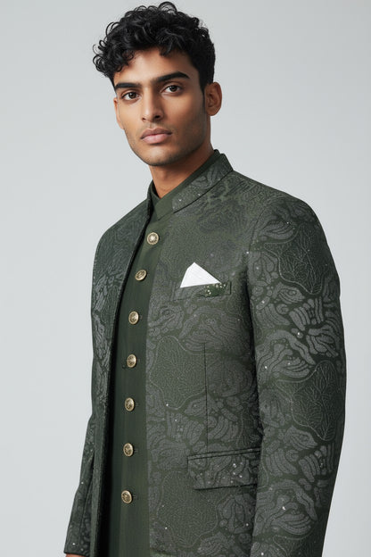 Olive Green Textured Indo-Western Jacket Set for Men