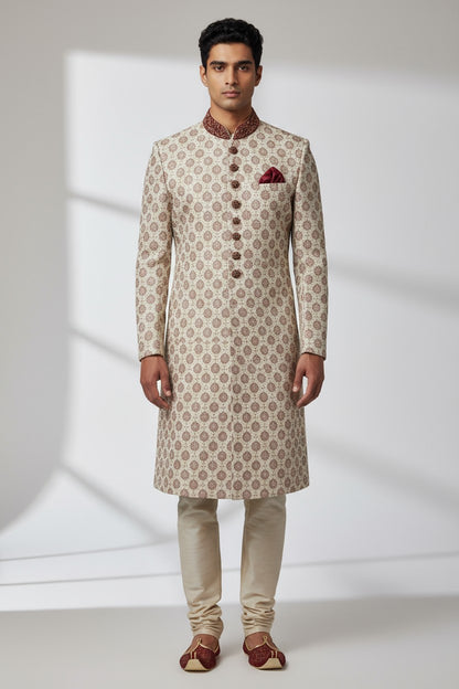 Ivory and Maroon Brocade Sherwani for Men – Royal Wedding Ensemble
