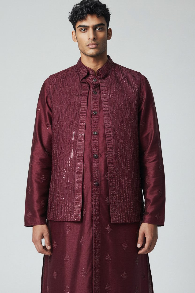 Maroon 3-Piece Kurta Set – Embroidered Festive Ensemble