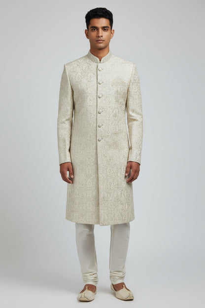Ivory Brocade Sherwani for Men – Elegant Handcrafted Wedding Ensemble