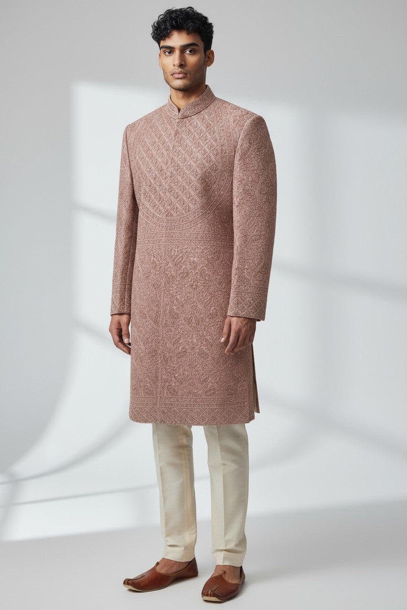 Dusty Rose Embroidered Sherwani for Men – Elegant Handcrafted Attire