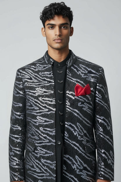 Black Sequin Pattern Indo-Western Jacket Set for Men