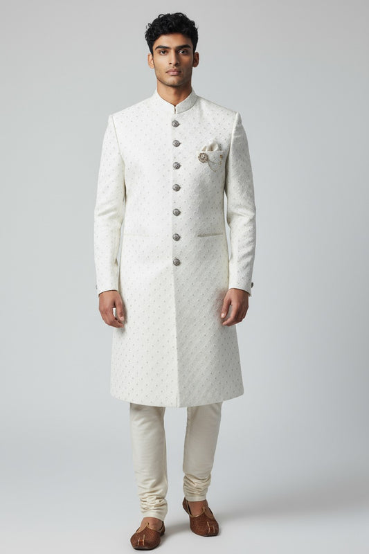 Ivory Embroidered Sherwani for Men – Regal Handcrafted Wedding Outfit
