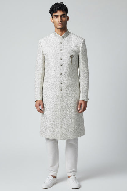 White Floral Embroidered Sherwani for Men – Elegant Handcrafted Attire