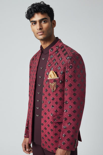 Maroon Embroidered Indo-Western Jacket Set for Men