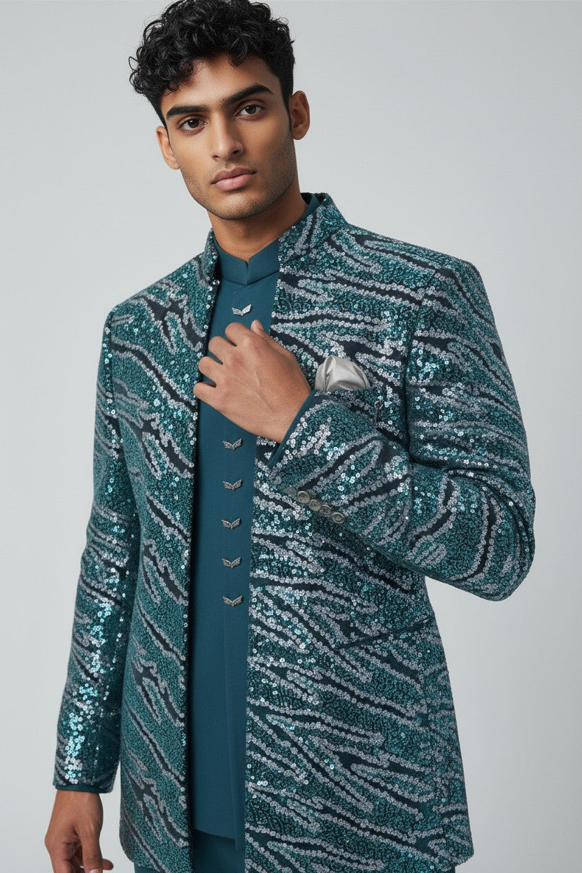 Teal Sequin Pattern Indo-Western Jacket Set for Men