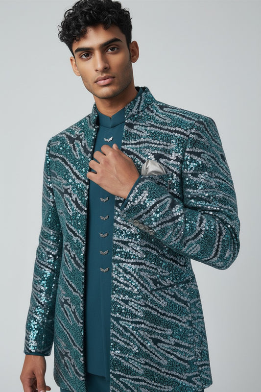 Teal Sequin Pattern Indo-Western Jacket Set for Men