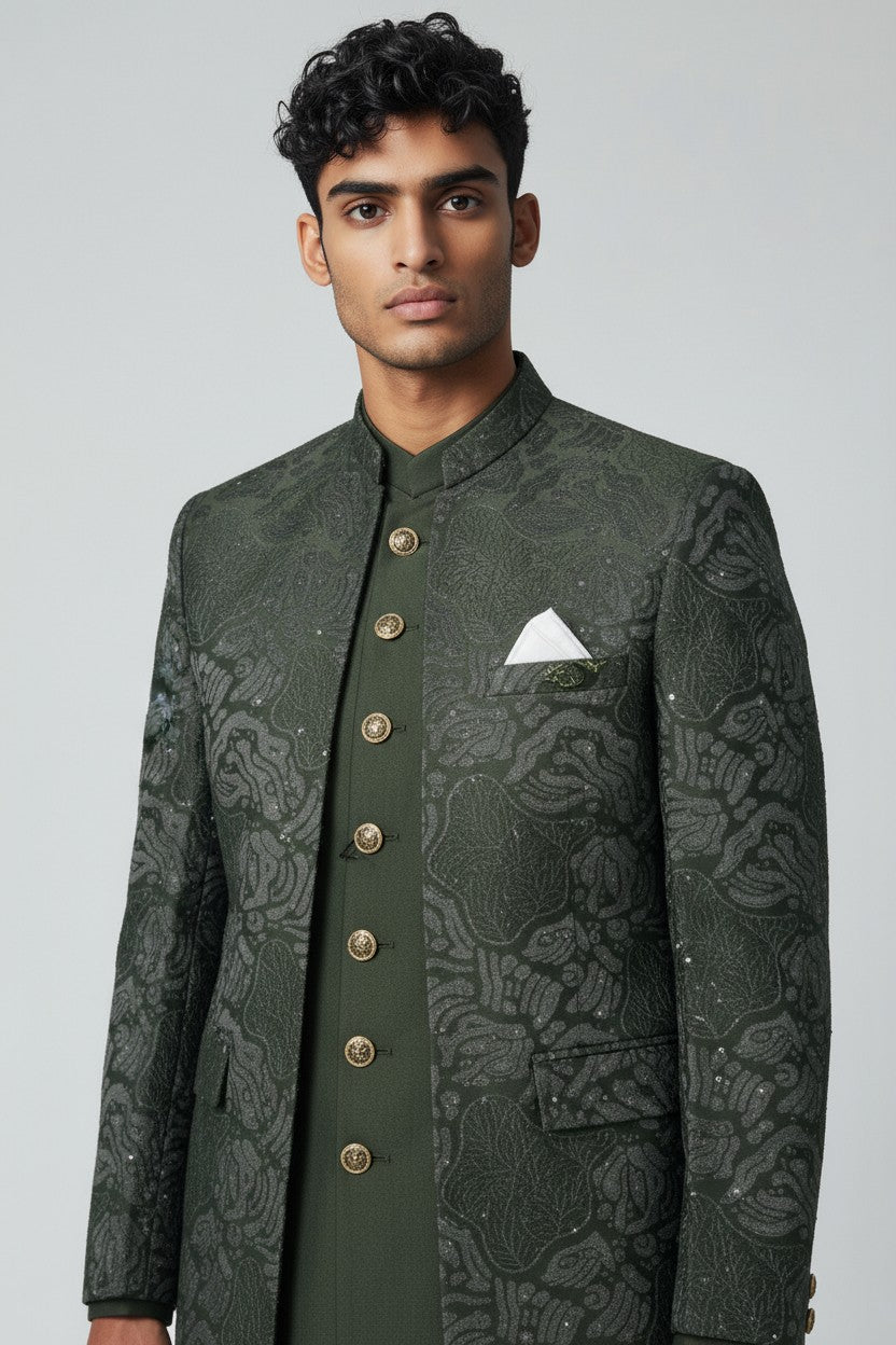 Olive Green Textured Indo-Western Jacket Set for Men