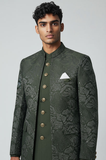 Olive Green Textured Indo-Western Jacket Set for Men