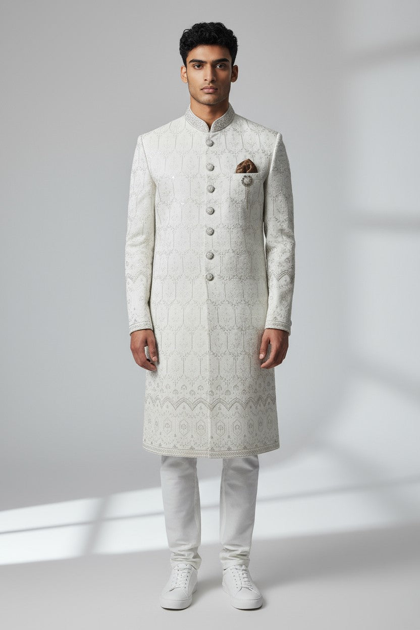 Ivory Jacquard Sherwani for Men – Elegant Handcrafted Wedding Ensemble