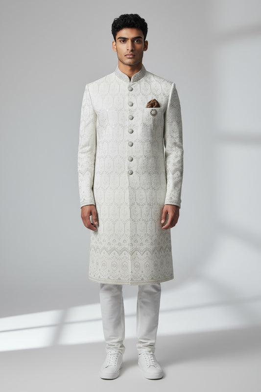 Ivory Jacquard Sherwani for Men – Elegant Handcrafted Wedding Ensemble