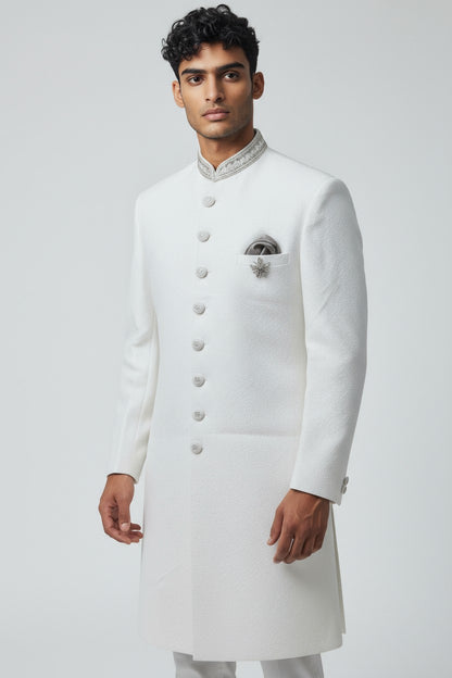 White Textured Sherwani for Men – Elegant Indo-Western Wedding Attire