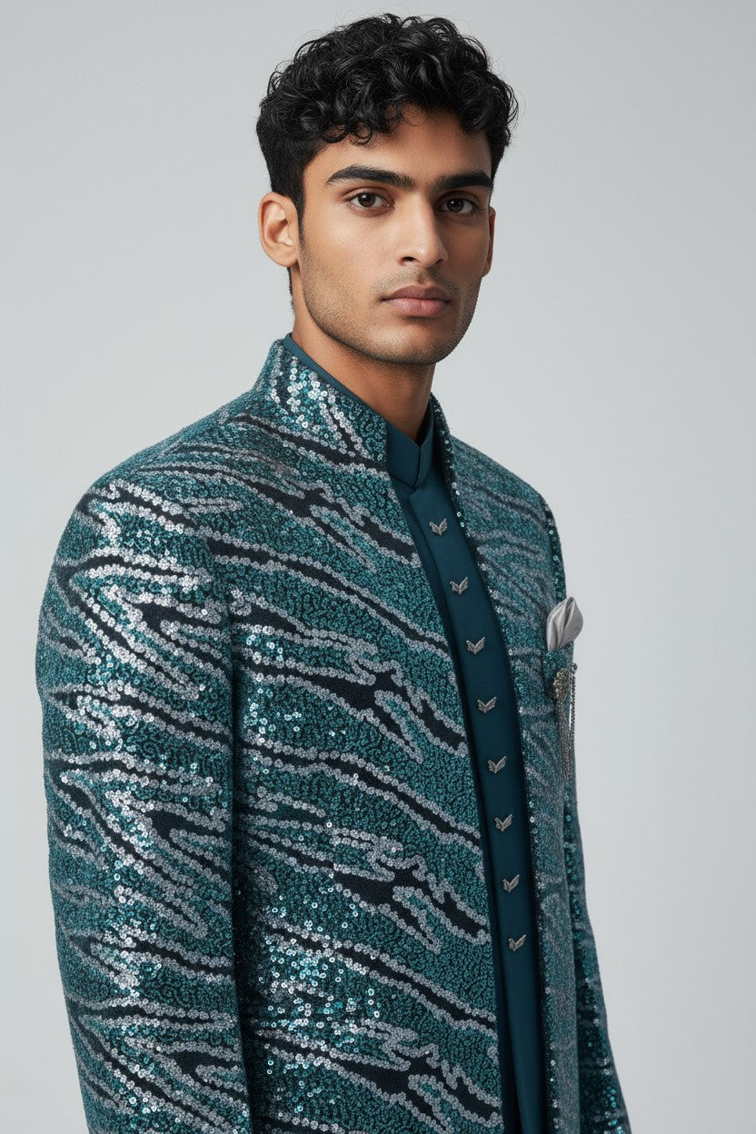 Teal Sequin Pattern Indo-Western Jacket Set for Men