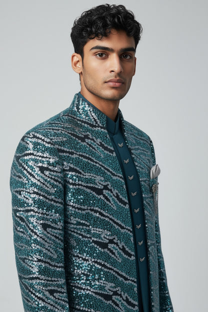 Teal Sequin Pattern Indo-Western Jacket Set for Men