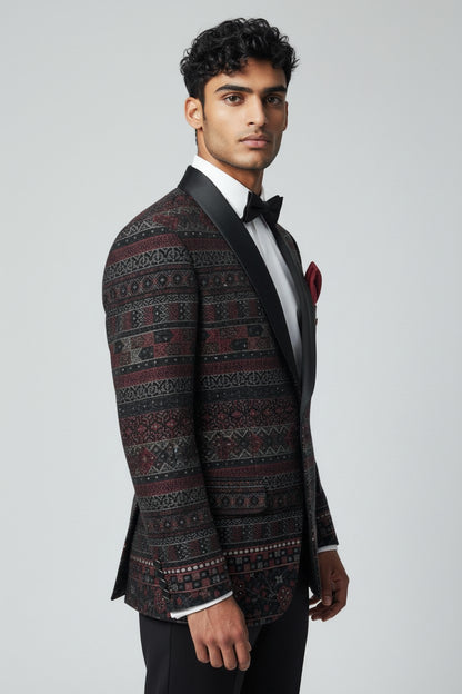 Burgundy & Black Luxury Jacquard Tuxedo Set