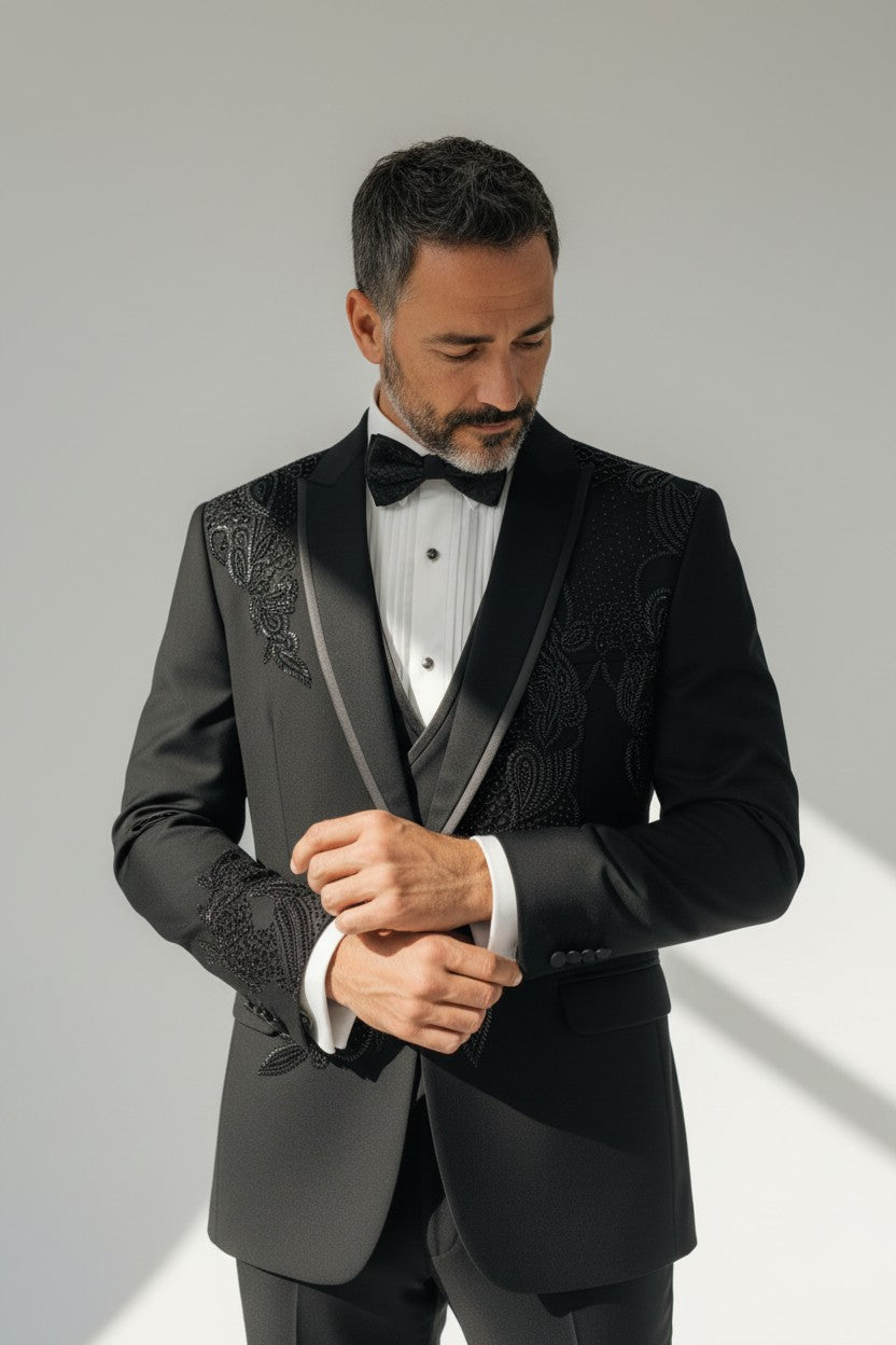Black Luxury Tonal Floral Embroidered 5-Piece Tuxedo Set