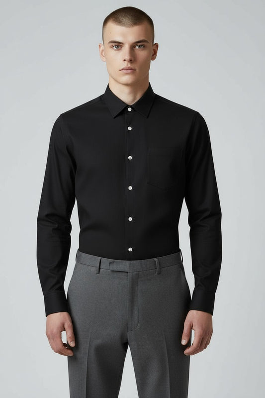 Men’s Black Dress Shirt With White Buttons – Slim Fit Classic Formal Shirt