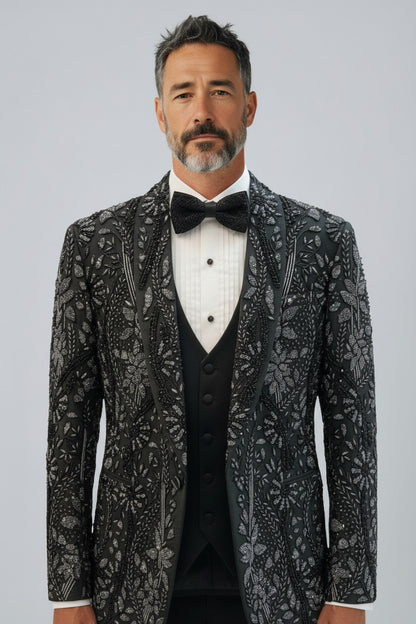 Dark Green Luxury Embroidered Tuxedo Set with Satin Lapels