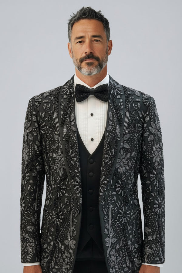Dark Green Luxury Embroidered Tuxedo Set with Satin Lapels