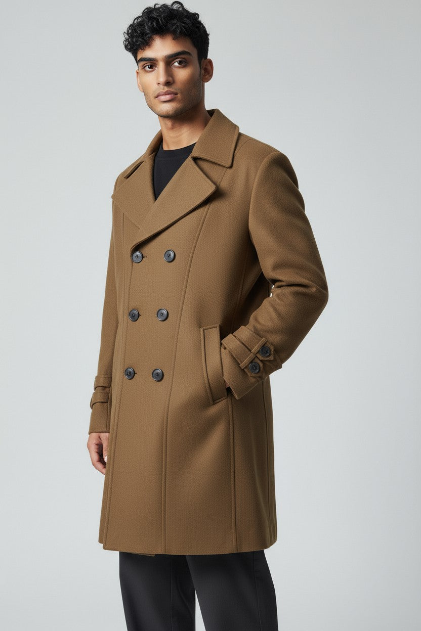 Men’s Brown Double-Breasted Wool Overcoat – Classic Military-Inspired Winter Peacoat