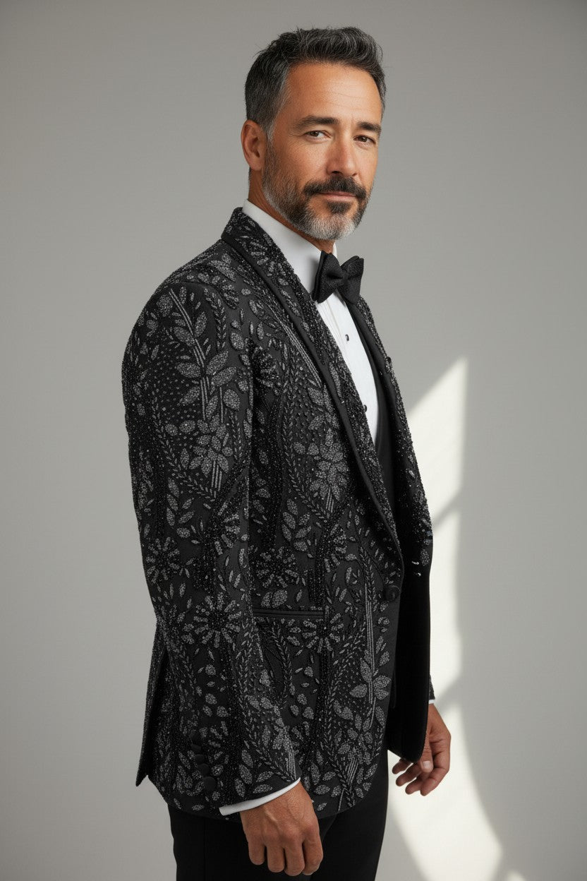 Dark Green Luxury Embroidered Tuxedo Set with Satin Lapels