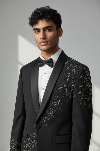 Black Luxury Asymmetric Embroidered Tuxedo Set