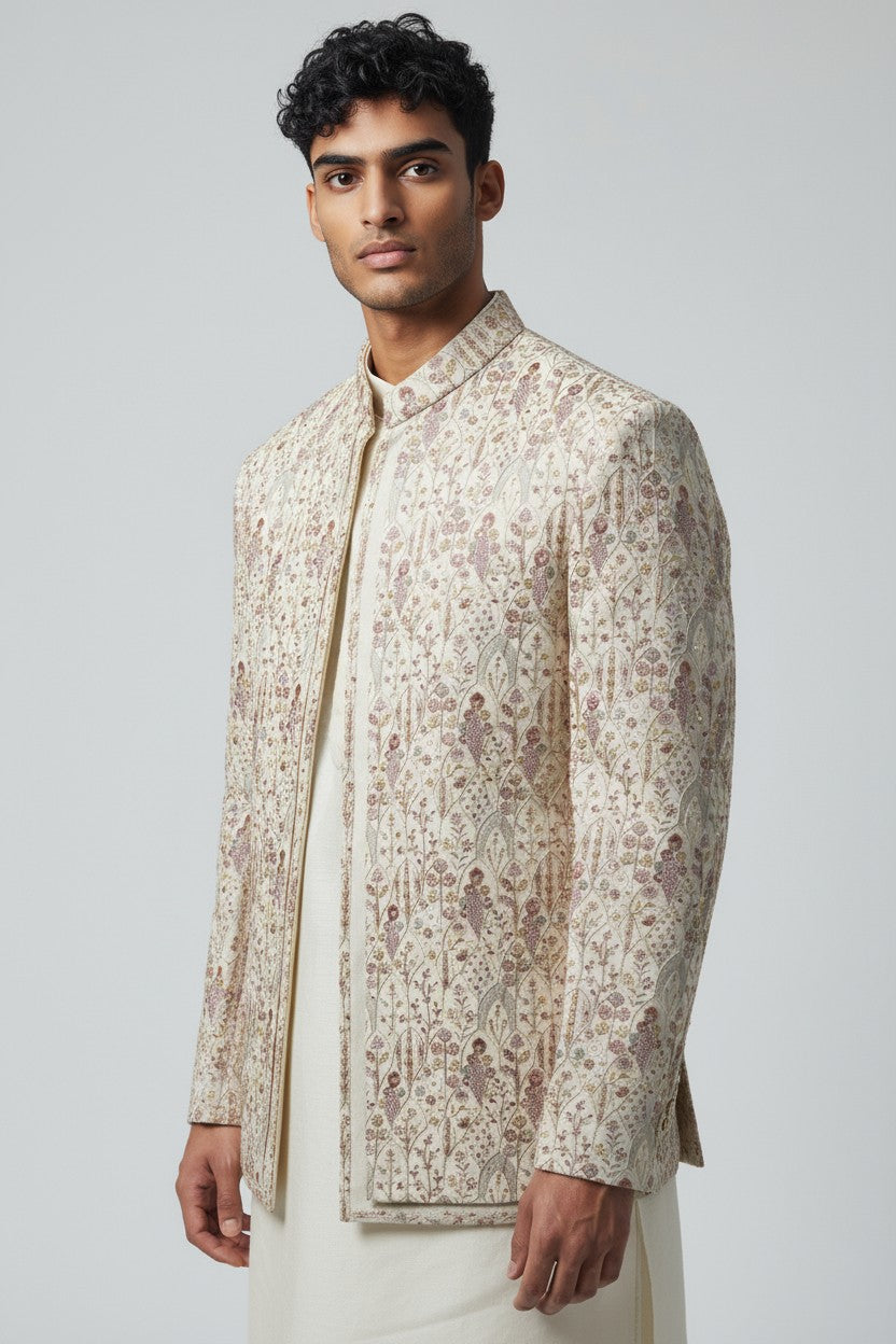 Ivory Floral Embroidered Indo-Western Jacket Set for Men