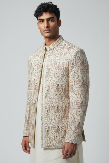 Ivory Floral Embroidered Indo-Western Jacket Set for Men