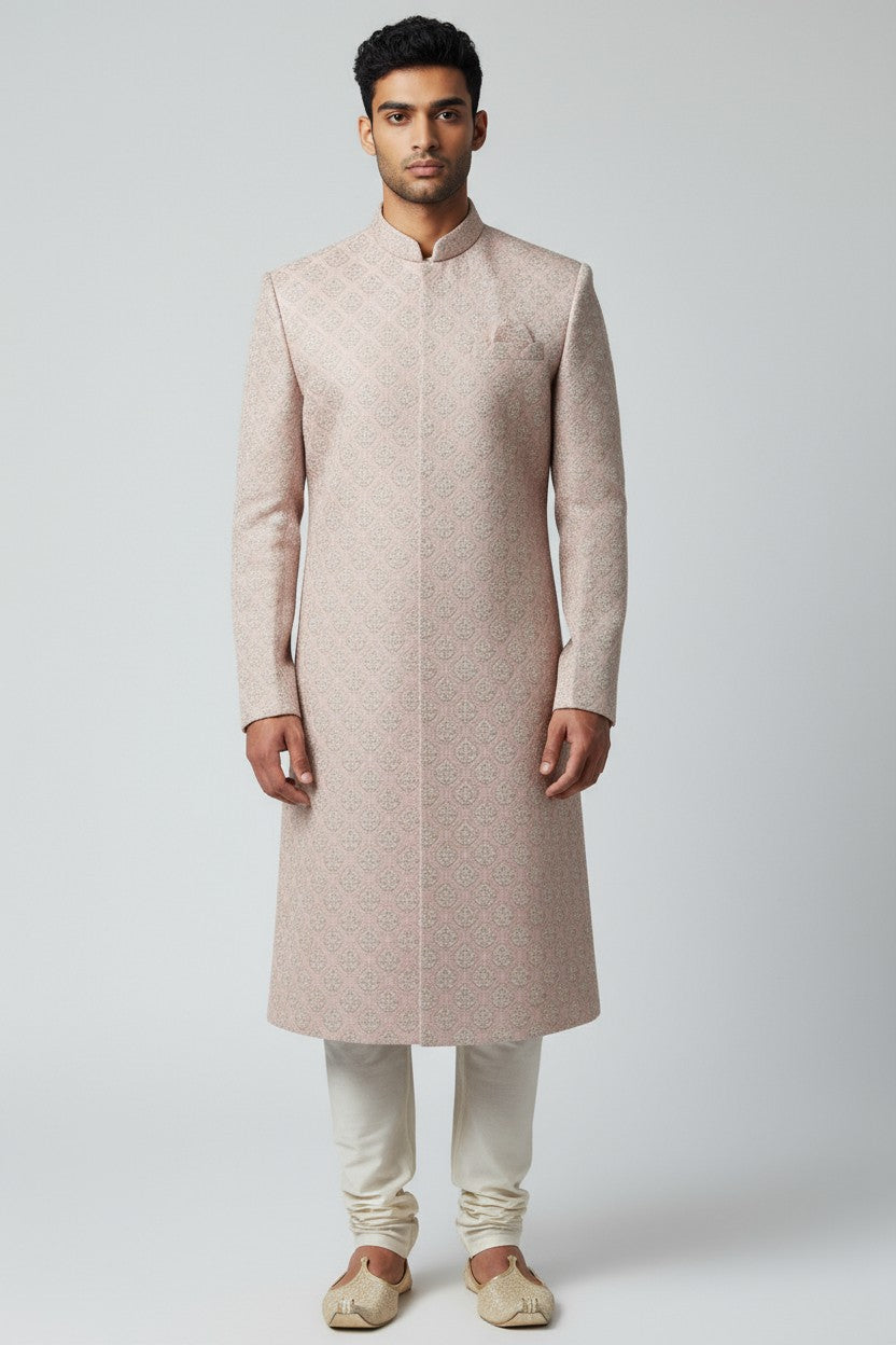 Blush Pink Jacquard Sherwani for Men – Elegant Minimal Wedding Attire