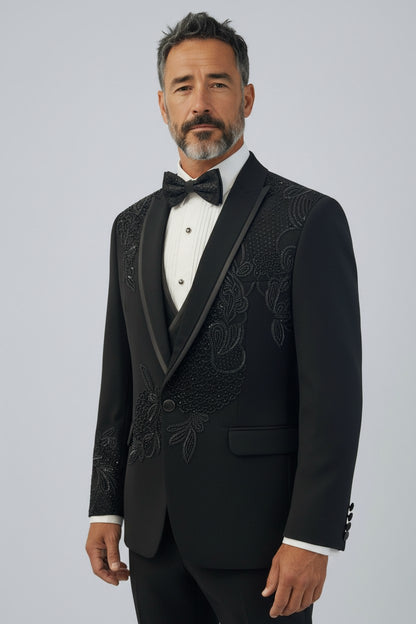 Black Luxury Tonal Floral Embroidered 5-Piece Tuxedo Set