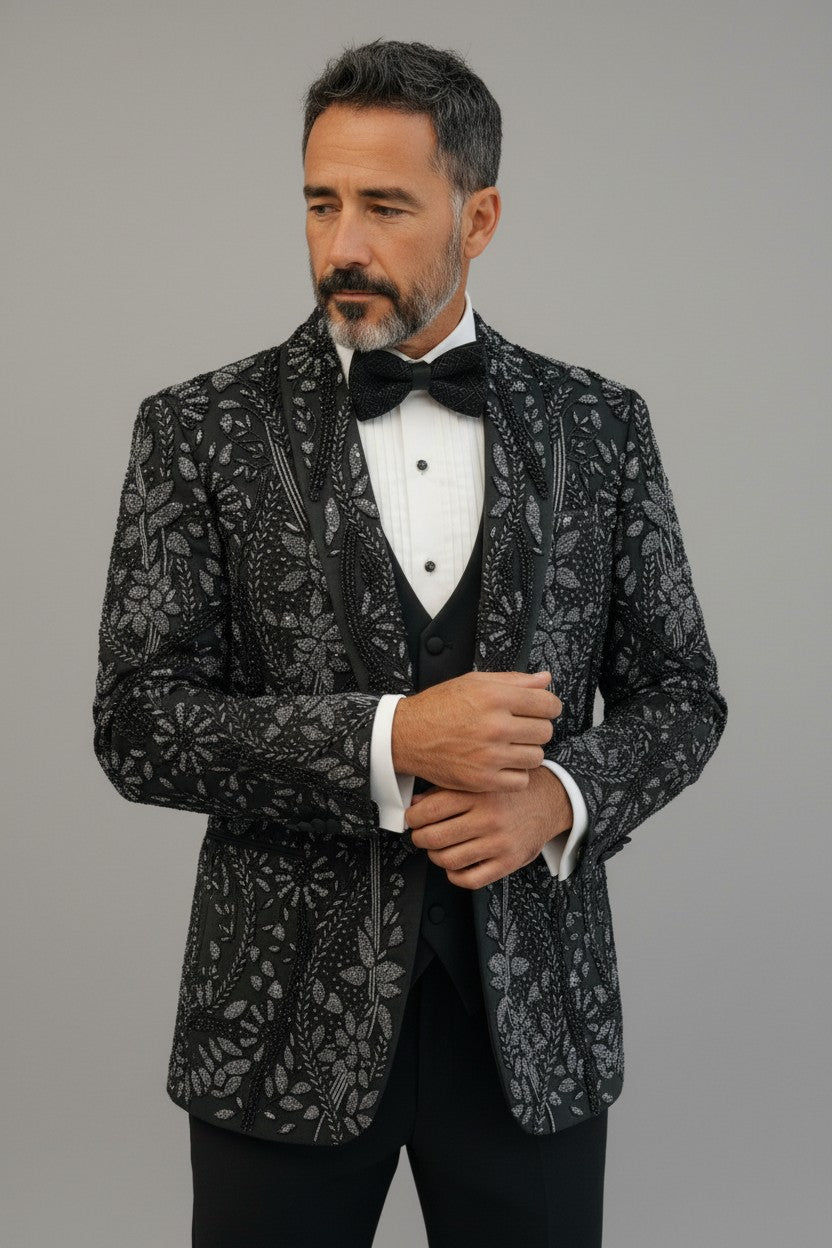 Dark Green Luxury Embroidered Tuxedo Set with Satin Lapels