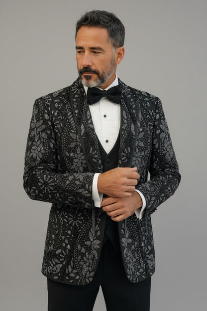 Dark Green Luxury Embroidered Tuxedo Set with Satin Lapels