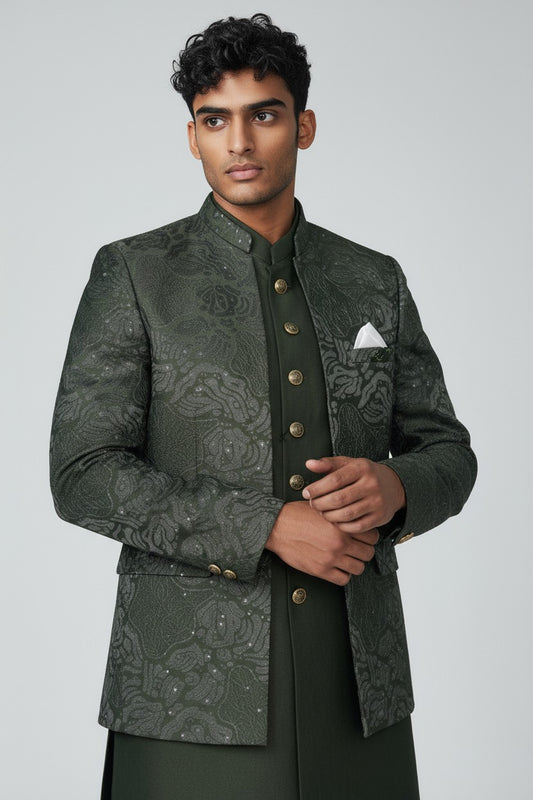 Olive Green Textured Indo-Western Jacket Set for Men
