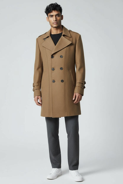 Men’s Brown Double-Breasted Wool Overcoat – Classic Military-Inspired Winter Peacoat
