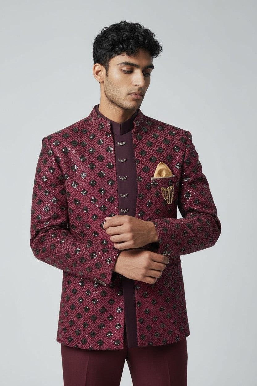 Maroon Embroidered Indo-Western Jacket Set for Men