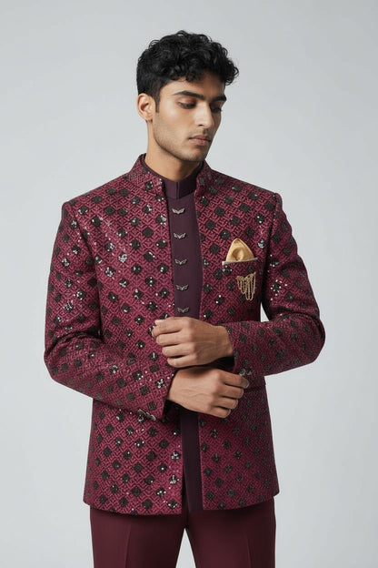 Maroon Embroidered Indo-Western Jacket Set for Men