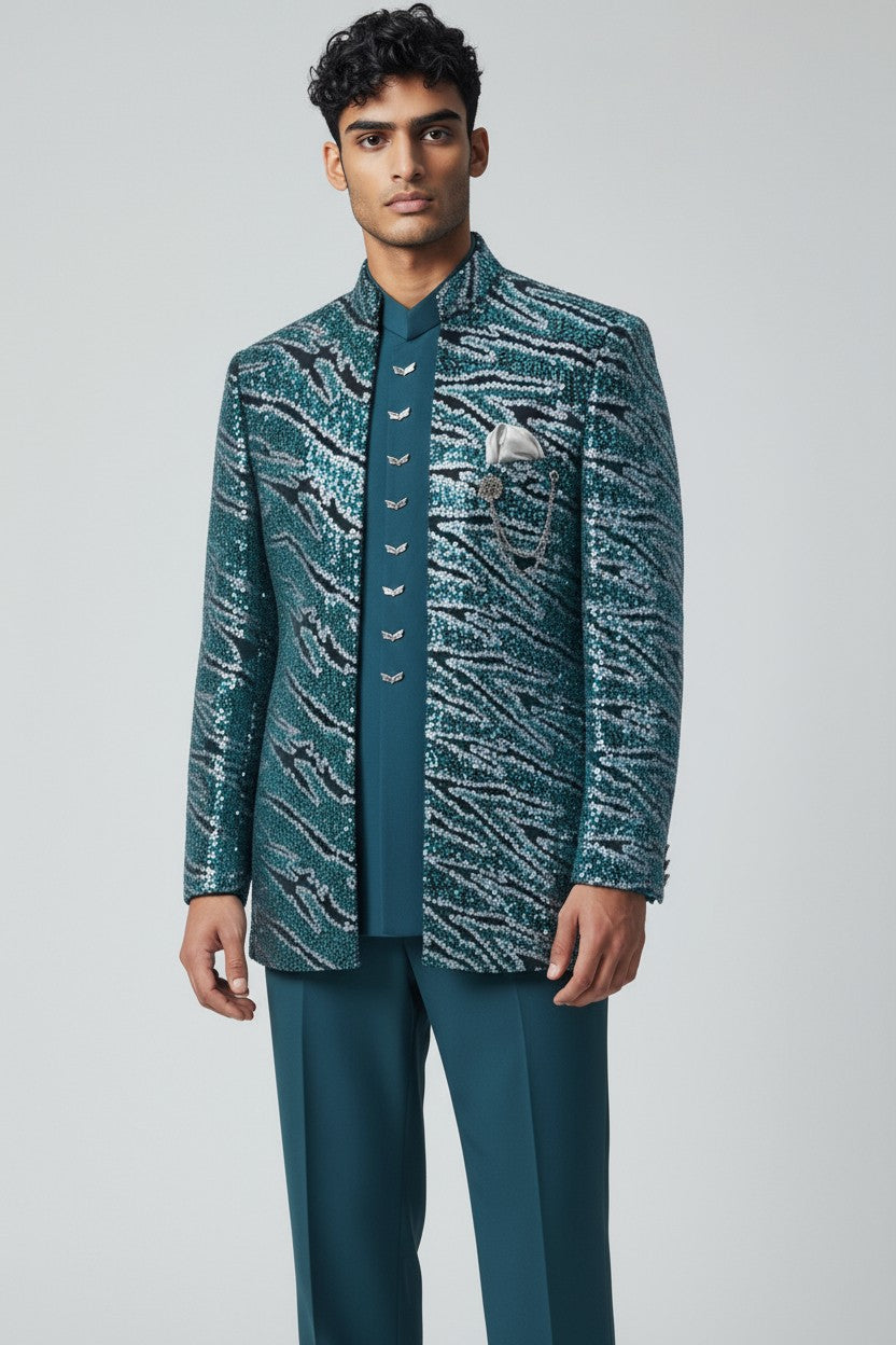 Teal Sequin Pattern Indo-Western Jacket Set for Men
