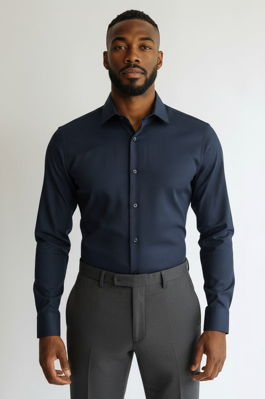Men’s Navy Blue Dress Shirt – Slim Fit Formal Cotton Shirt