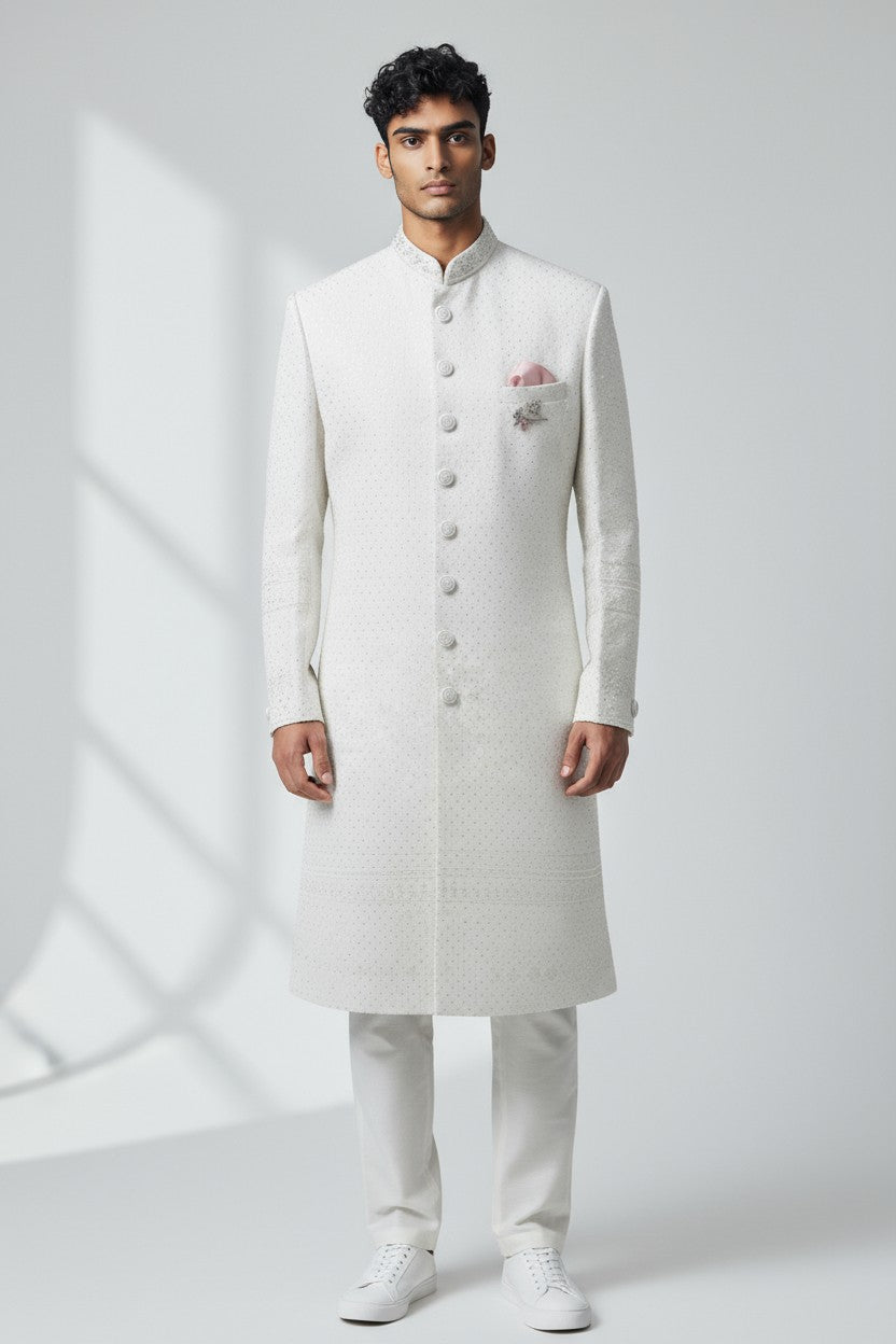 White Textured Sherwani for Men – Modern Handcrafted Wedding Ensemble