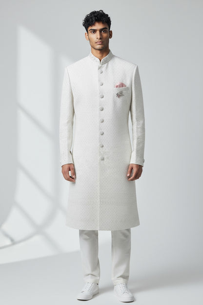 White Textured Sherwani for Men – Modern Handcrafted Wedding Ensemble