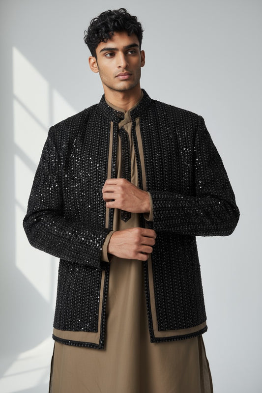 Black Sequin Indo-Western Jacket Set for Men