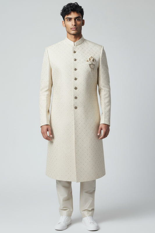 Ivory Textured Sherwani for Men – Handcrafted Regal Wedding Outfit