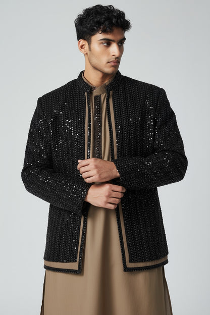 Black Sequin Indo-Western Jacket Set for Men